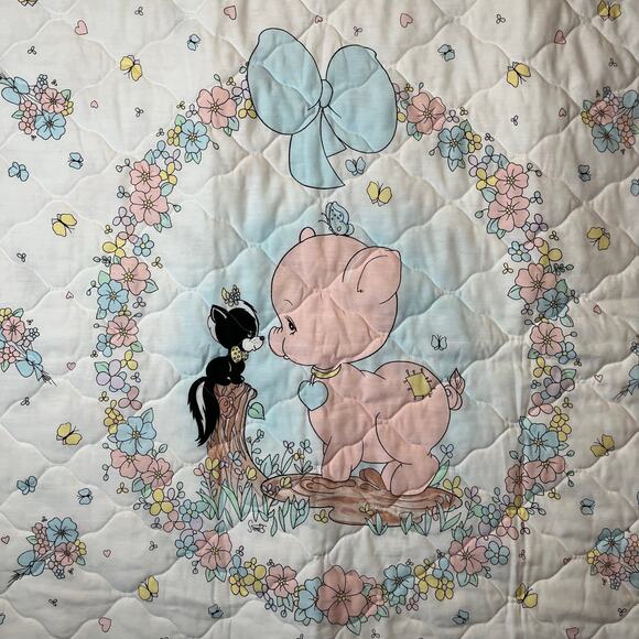 Vintage Baby Blanket Piglet Skunk Pastel Floral Quilt with Ruffle Edges Florals - Picture 2 of 5